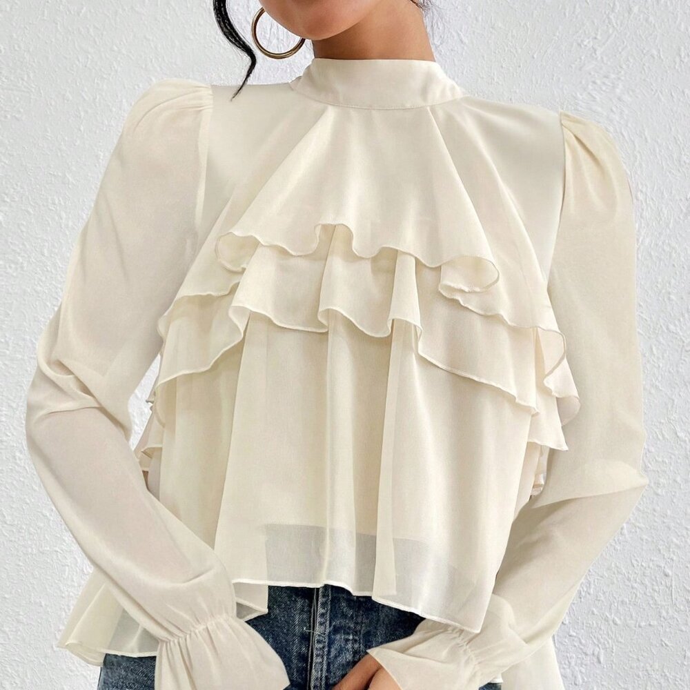 Apricot Casual Women's Loose Ruffled Chiffon Long-Sleeved Shirt Blouse - Picture 4 of 7